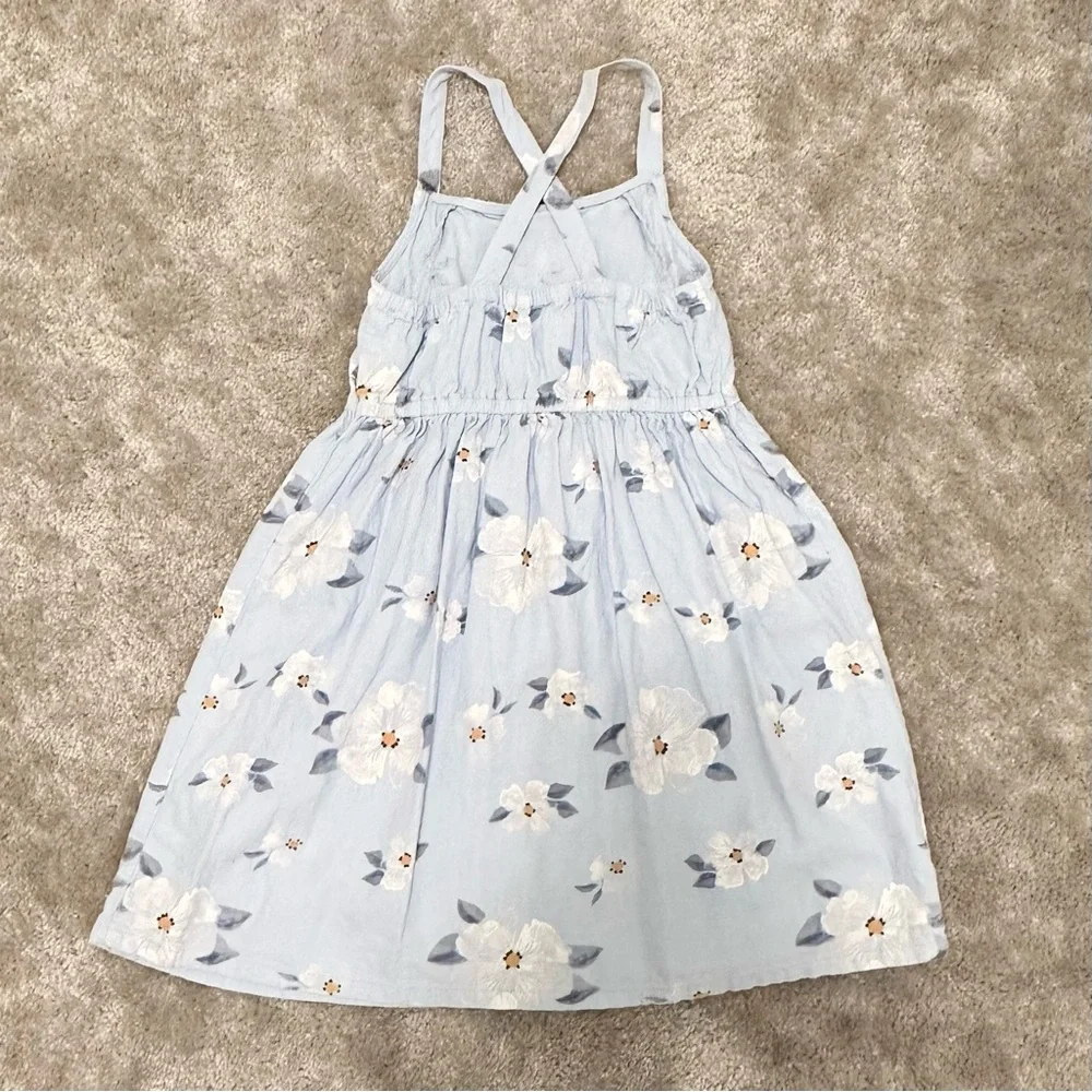 Carter's Light Blue Floral Linen Dress Girls size 7 White Flowers Cris Cross